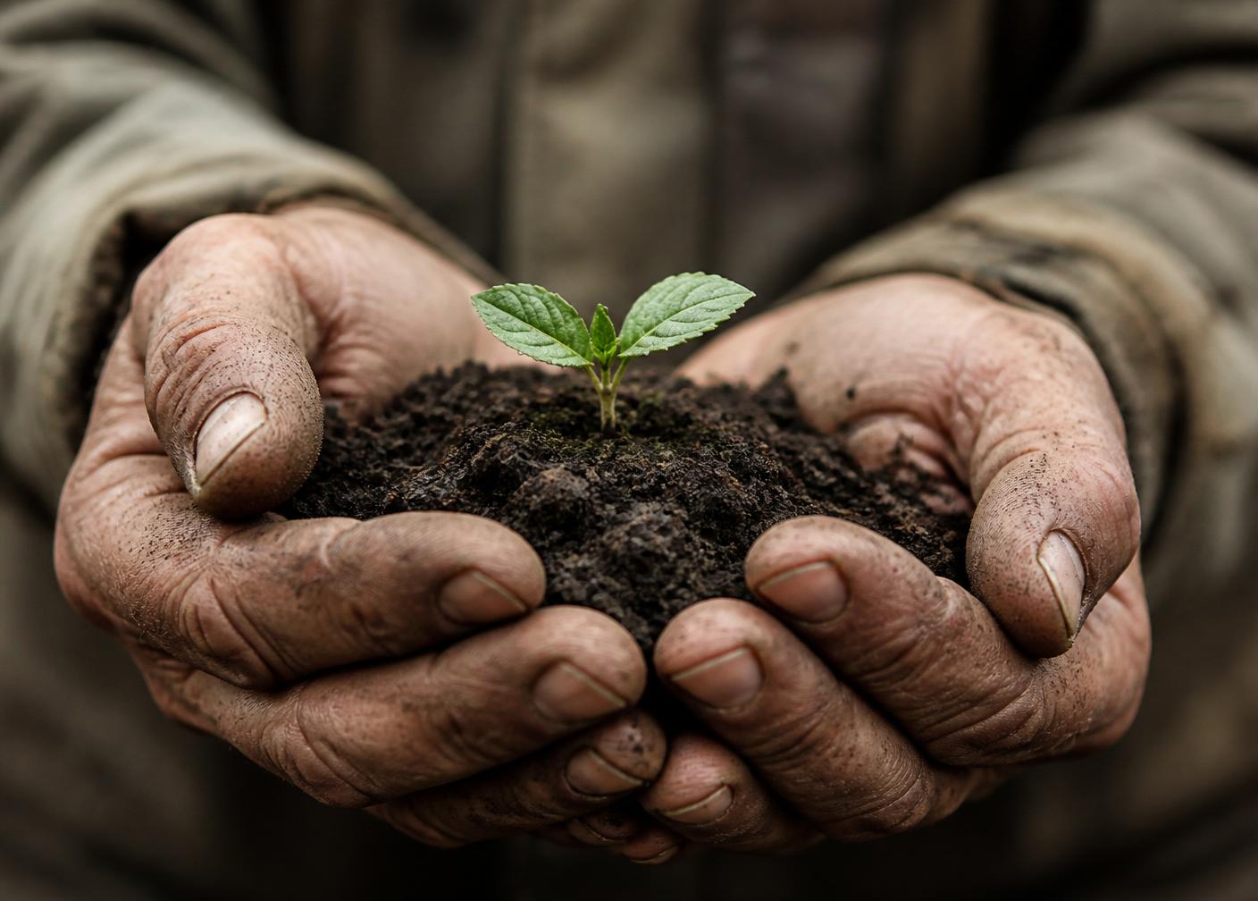 Farmer hands cradling soil with a young seedling